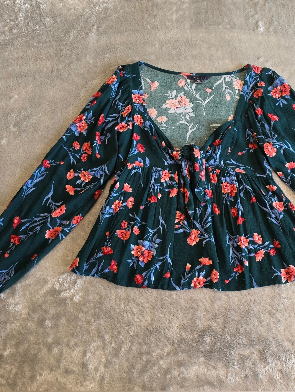 American Eagle Outfitters Dark Green Floral Tie-Front Blouse